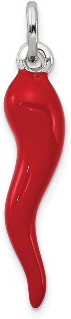 JewelryWeb Sterling Silver Enamel Italian Horn Pendant - 33mmx7mm - Red, Black, White - Good Luck Necklace for Women Teens