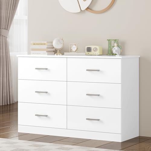 Armario de almacenamiento de madera blanca con 6 cajones para dormitorio, sala de estar, pasillo, 108 x 40 x 73 cm