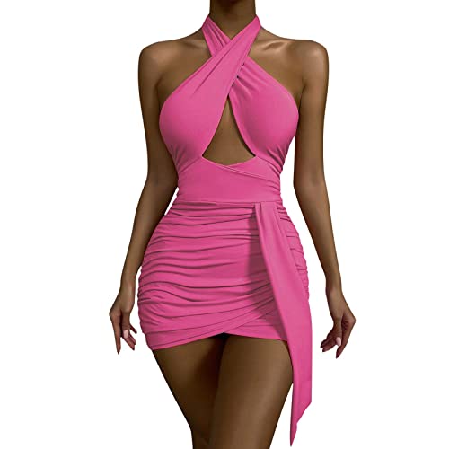 ORT Vestido feminino com decote em V, sem mangas, com alça de veludo, colado ao corpo, franzido, ves