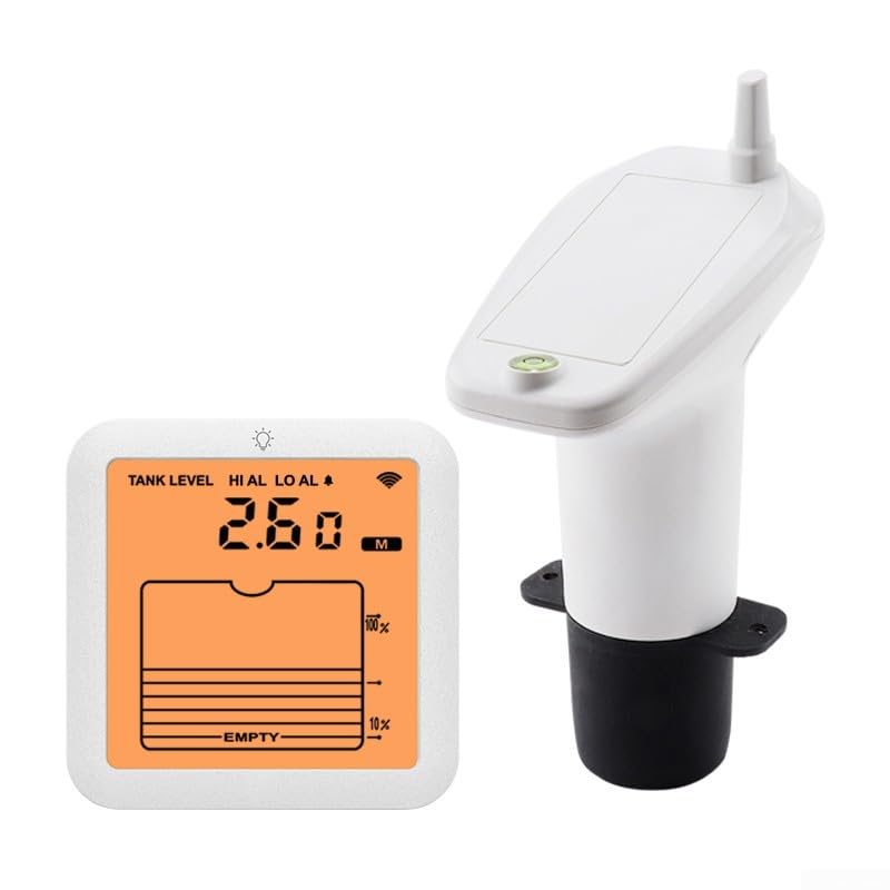 Monitor digital de nivel de agua con pantalla retroiluminada, rango de transmisión inalámbrica de 100 m, sistema de alarma alto/bajo para tanques, sensor impermeable IP65, lectura de