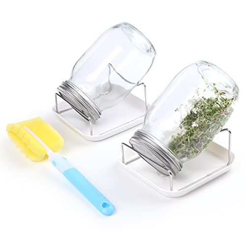 Sprouting Jar Kit - 2 Wide Mouth Mason Jars with 316 Stainless Steel Screen Sprout Lids, Tray,Stand and Brush | Seed Sprouter Set Germination Kit for Growing Broccoli, Alfalfa, Mung Bean (White)