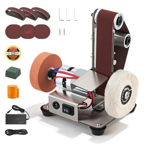 Electric Belt Sander, 96w Mini Belt Sander with 7-Stage Speed Control (4000-9000 RPM) - with 20 Sanding Belts, Polishing & Sanding Wheel - Multifunctional for Wood & Metalworking (A)