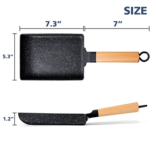 Tamagoyaki Pan Square Japanese Omelette Pan,Non-Stick Egg Roll Pan,Rectangle Frying Pan Wood Handle,With Silicone Brush & Solid Wood Spetula,Black #TOP7