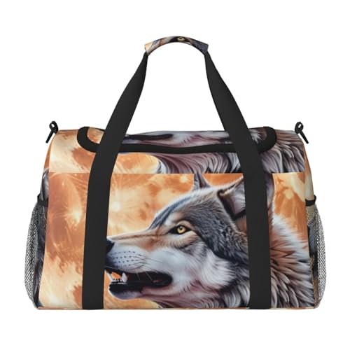 Wolf Howling At The Moon Print Travel Duffle Bag - Foldable Personal Item Travel Bag for Women & Men,Carry-On Convertible Crossbody Tote Bags with Adjustable Shoulder Strap & Pockets 13x10.2x19.7 in