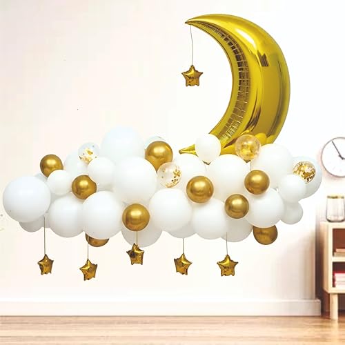 Image of Golden and White Balloon Garland kit with Golden Foil Moon and foil star, Pack of 52 pcs for Birthday Decoration, anniversary Decoration, Home decor items