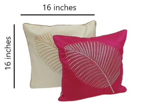 Image of Fab Nation Polyester Fabric Pink & White Combo Color Decorative Cushion Covers with Golden Zari Leaf Embroidered Set of 5 for Home Decor | Throw /Pillow Cover 16x16 inches for Bedroom Sofa