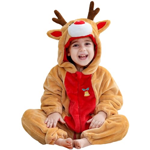 HAHASHOW Baby Weihnachts-Strampler 0-6 Monate, Unisex, Flanell Schlafanzug mit Rentier und Weihnachtsmann, warme Weihnachts-Pyjama für Neugeborene...