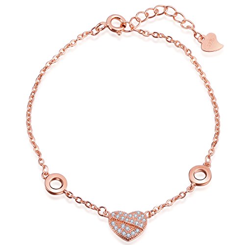 Unendlich U Fashion Herz Damen Charm-Armband 925 Sterling Silber Zirkonia Armkette Verstellbar Armkettchen, Rosegold