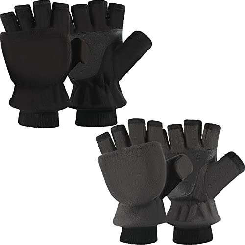 Satinior 2 Pairs Convertible Flip Top Mittens Fingerless Thermal Gloves Warm Winter Windproof Fleece Gloves For Men, Black, 20 Cm/ 7.87 Hes #TOP10