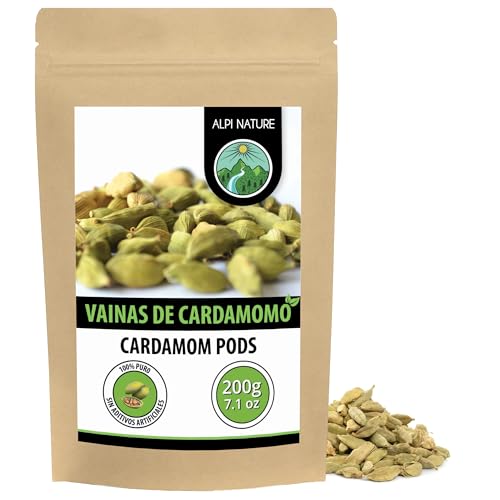 Alpi Nature Cardamomo Entero 200g, Vainas de Cardamomo Verde Enteras con Semillas para Cocinar