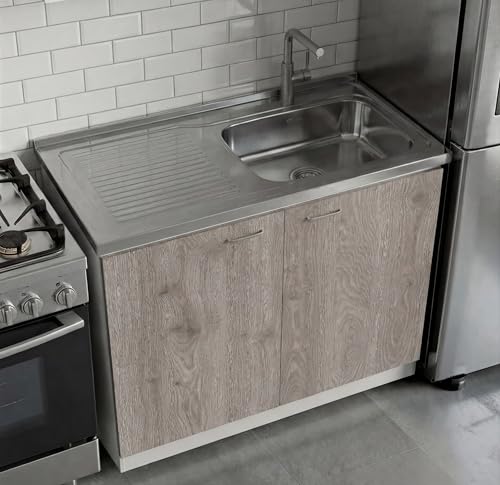 Image of Tuhome Napoles Utility Sink Base Cabinet with Integrated Stainless Steel Countertop, Freestanding Cabinet with Double Doors, Interior Shelf for Laundry Room, Utility Room, Mudroom or Kitchen