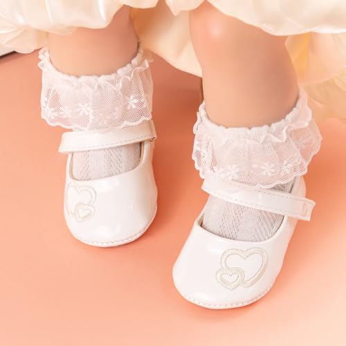 Meckior Infant Baby Girls Heart Princess Wedding Dress Mary Jane Flats Prewalker Newborn Light Rubber Sole Baby Shoes