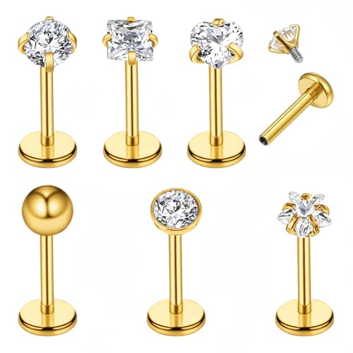 Tucnoeu 6 Stück Tragus Piercing Gold Lippenpiercing Tragus Piercing Ohrpiercing Helix Piercings Chirurgenstahl Schmuck Set 8mm Stab mit Zirkonia für Männer und Frauen