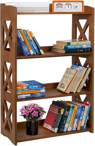 Image of 4 Tier Bookshelf, Wood Bookshelf with Open Shelves, Narrow Bookshelf Freestanding Storage Organizer, 4 Shelf Bookcase Small Bookshelf Display Brown Bookcase for Living Room Bedroom Office
