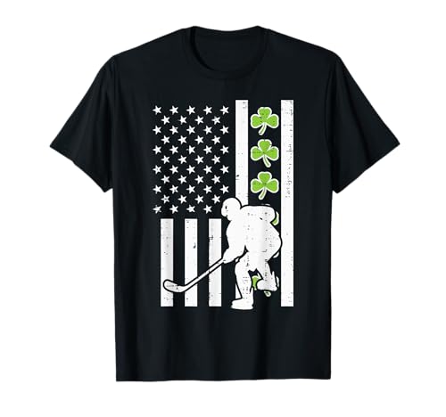Bandiera degli Stati Uniti Shamrock Hockey su ghiaccio St Patrick Day Patriotic Men Boy Maglietta