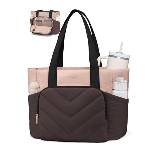 Image of LOVEVOOK Puffer Tote Bag for Women, V-Quilted Puffy Teacher Tote Nurse Bag, Large Shoulder Laptop Purse for Work Travel Gym