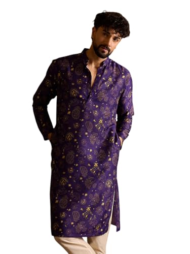 Image of Amazon Brand - Tavasya Men Silk Blend Ethnic Motif Printed Embellished Long Kurta | Regular Fit | Ethnic Wear | Full Sleeve