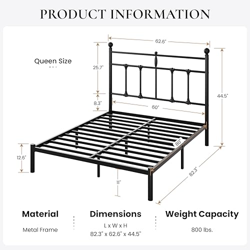 Image of SHA CERLIN Queen Size Metal Platform Bed Frame with Victorian Vintage Headboard /Under Bed Storage /No Box Spring Needed /Easy Assembly /Noise Free /Mattress Foundation /Black