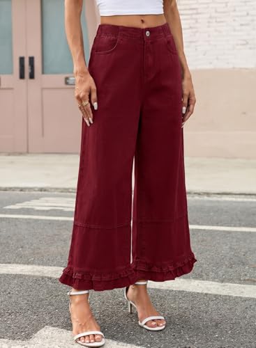 EVALESS Womens Wide Leg Jeans 2026 Trendy Mid-Rise Cropped Baggy Jeans Loose Fit Fashion Ruffle Hem Trouser Denim Pants with Pockets Burgundy Size 4 — view 3