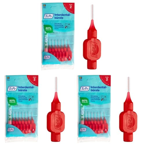 TePe Interdentalbürste, Rot, 0,5mm, Größe 2, 8 Stück (Packung mit 3)