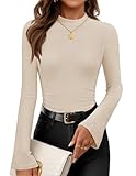 ZESICA Women's Long Sleeve Shirts 2025 Fall Mock Neck Ribbed Knit Slim Fit Tops Basic Tees Going Out Outfits Clothes Apricot Small