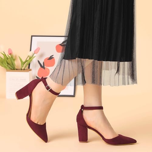 Allegra K Allegra K Women's Ankle Strap Pointed Toe Block Heels Burgundy Pumps - 7 M US