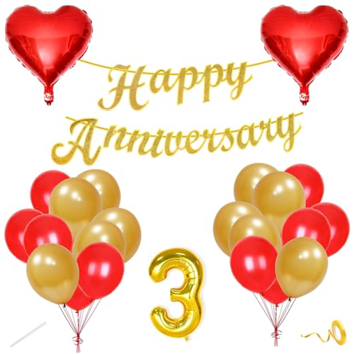 Image of Flyloons 3rd Happy Anniversary Decoration Items Red Gold for Men Women Husband Wife Mom Dad Parent Couple Home Bedroom Car With 20 Pcs Metallic Balloons Anniversary Banner 2 Pcs Heart Set Kit