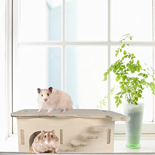 Muyg Wood Hamster House,Natural Wooden Chinchilla Hut With Steps Window Multi-Chamber Small Animal Hideout Maze Habitat Decor For Dwarf Mice,Rats,Syrian Mouse, Gerbils, Chinchilla (L) #TOP1