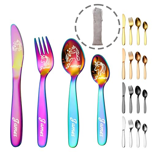 Personalized Dinosaur Unicorn Cutlery Set, Laser Engraved Custom Name Cutlery Set, Stainless Steel Kids Utensils (4 Piece), Kids Silverware Set, Unique Children's Gifts
