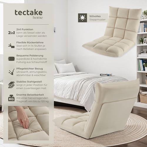 tectake® Relaxsessel, XXL Bodenstuhl faltbar mit Liegefunktion, Bodensessel mit Verstellbarer Rückenlehne, nutzbar als Sessel, Sitzkissen, Bodenkissen, Relaxliege oder für Meditation (beige)