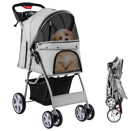 Maxmass Travel Pet Stroller, Foldable Small Medium Sized Dog Cat Trolley with Storage Basket, Safety Belt and Cup Holder, 4 Wheels Puppy Pushchair (Grey)