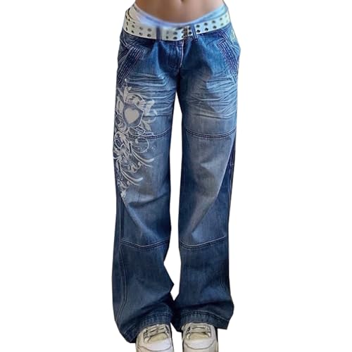 Sawmew Damen Low Waist Cargo Jeans Gerade Breites Bein Baggy Denim Hosen...