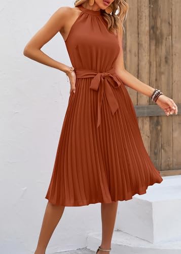 KIRUNDO Women's 2025 Summer Sleeveless Halter Neck Pleated Midi Cocktail Dresses A Line Flowy Beach Sun Dress with Belt4