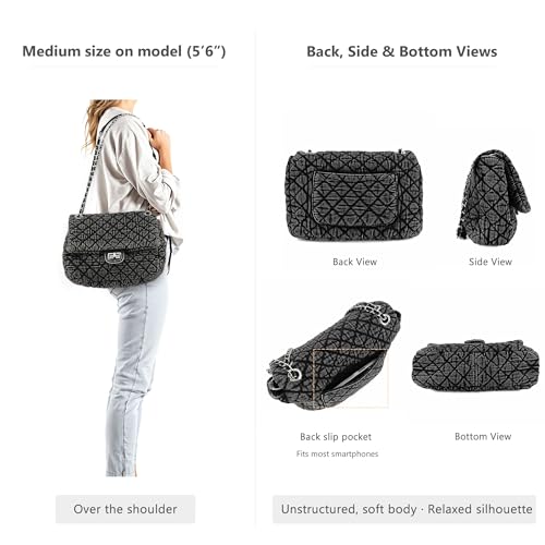 Image of M-ioi-M Quilted Denim Purse, Shoulder Bag for Women, Crossbody Flap Tote Bag,Silver Chain Hobo Bag, Vintage Washed Jean Purse