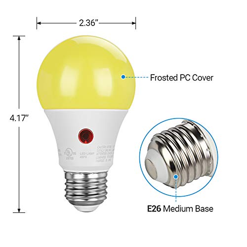 DEWENWILS A19 Dusk to Dawn LED Outdoor Light Bulb, Yellow Bug Light Bulbs for Outside, 2000K Amber Glow, 9W Equivalent 60W, E26 Base, LED Amber Light Bulbs for Porch, Patio, Backyard, 4 Pack UL Listed