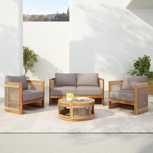 VilroCaz 4-Piece Patio Conversation Set, All Weather Sectional Sofa Set w/ 2 Chairs, Loveseat & Table Premium, Acacia Wood Outdoor Furniture Set with Woven Rope Accents and Cushions (Grey+Teak)