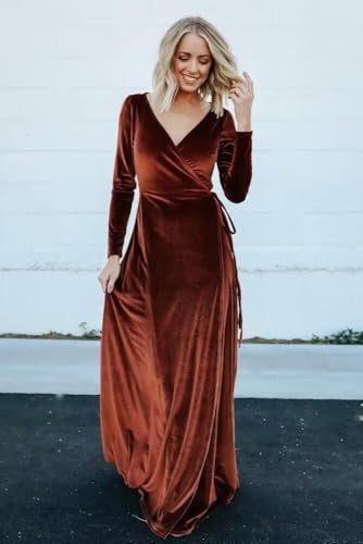 Women's V Neck Velvet Bridesmaid Dresses with Slit Long Sleeves Formal Evening Gowns2