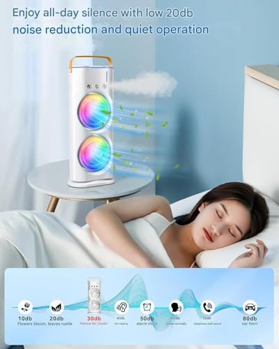 Image of TEKCOOL Double Ended Spray Fan, Cold Air, 2025 New 3 Gears USB Rechargeable Oscillating one with LED Light Cooler, Touch & Remote Control, 280ml Water Tank, Ice Filling (White)?;