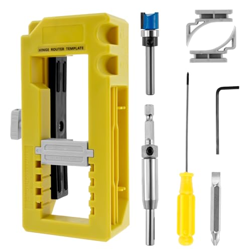 Door Hinge Jig, Adjustable Door Hinge Mortiser Jig Kit Fits 3” to 5” Length, Square or Radius 1/4” or 5/8” Hinges, Yellow