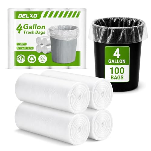 Small Trash Bags 4 Gallon 17.7 x 19.6 Clear Unscented Bathroom Trash Bags Small Garbage Bags for Bathroom Bedroom Office Kitchen Plastic Trash Can Liners 100 Count Delxo