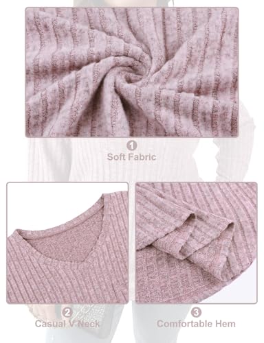 Image of Koscacy Women Plus Size Casual Knit Sweater with Pocket V Neck Solid Color Tops Lightweight Long Sleeve Blouses