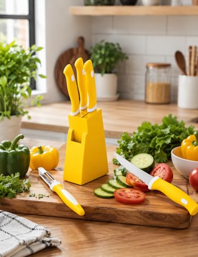 Image of 5-Piece Kitchen Knife Set with Stand, Stainless Steel Blades, Includes Peeler, 14x9x4 cm Block Multicolour (Yellow, 5pcs Knife Yellow)