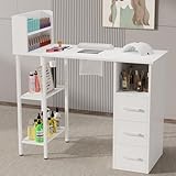 GOFEI Nail Desk for Nail Tech – Manicure Table with Electric Dust Collector, 3 Drawers, 2-Tier Cabinets & 3-Tier Shelves, White Nail Station for Salon or Home Use