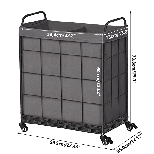 Laundry Hamper With Divided Liner Bag; Collapsible Laundry Basket With Rolling Lockable Wheels; Clothes Hamper With Metal Handle; Laundry Sorter With Removable Liner Bag (Grey) #TOP6