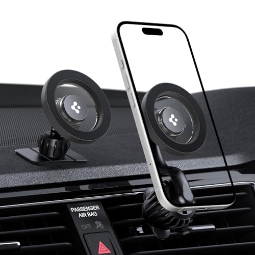 Image of Spigen Magnetic Air Vent Car Mobile Holder [Super Strong Magnet] [MagSafe Ring Included][Extra Mini Dashboard Mount] for iPhone 17 /16 /15 /13 /12, Samsung Galaxy Series and More(Extension Type) - Gray