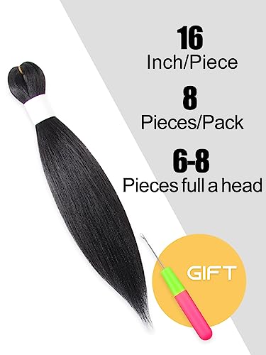 Braiding Hair Pre Stretched 16 Inch 8 Packs Straight Crochet Hair Professional Braiding Hair Yaki Texture Synthetic Fiber Hot Water Setting Well (1B/Natural Black) #TOP1