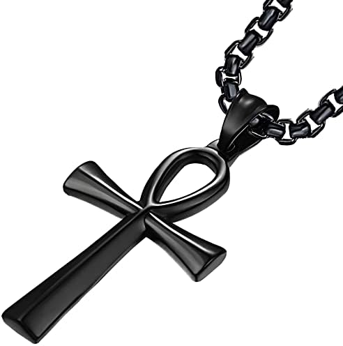 JUNOVUROS 18 to 28 Inches Rolo Chain Ancient Ankh Cross Pendant Necklace for Men Women Boys Girls 316L Stainless Steel with Large and Medium Sizes