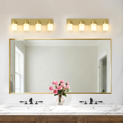 Image of IZORRO Bathroom Vanity Light Fixture, 4-Light 30 Inch Gold Bathroom Light Fixtures Over Mirror, with White Glass Shade, Modern Farmhouse Vanity Lights, Rustic Restroom Lighting Fixtures