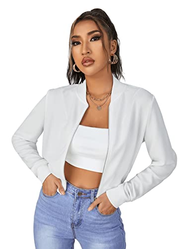 SweatyRocks Women's Casual Long Sleeve Solid Zip Up Coat Crop Bomber Jacket White M