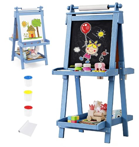 Image of OLAKIDS Easel for Kids, 3 in 1 Adjustable Painting Art Board, Foldable Double-Sided Wooden Drawing Chalkboard Magnetic Whiteboard with Paper Roll, Storage Rack, Cups for Boy Girls (Blue)